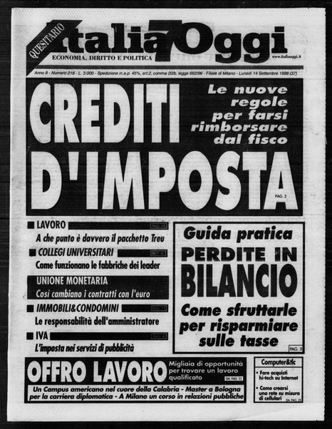 Italia oggi : quotidiano di economia finanza e politica